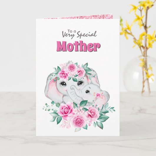 Rosa Mutter Elefantenkind Rose Karte (Gelbe Blume)