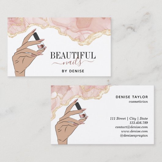 Rosa Nagelsalon Frau Hand Nägel Technikerin Visitenkarte (Vorne/Hinten)