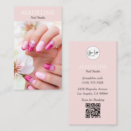 Rosa Nagelstudio-Logo-Foto QR-Code Visitenkarte (Vorne/Hinten)
