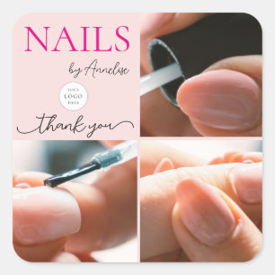 Rosa Nagelstudio-Schrift-Logo-Foto-Danke Quadratischer Aufkleber