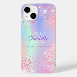 Rosa Name des lila holografischen Glitzer Monogram Case-Mate iPhone 14 Hülle