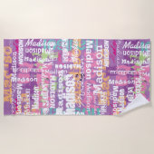 Rosa Namenslila des personalisierten Mädchens Strandtuch (Vorderseite)