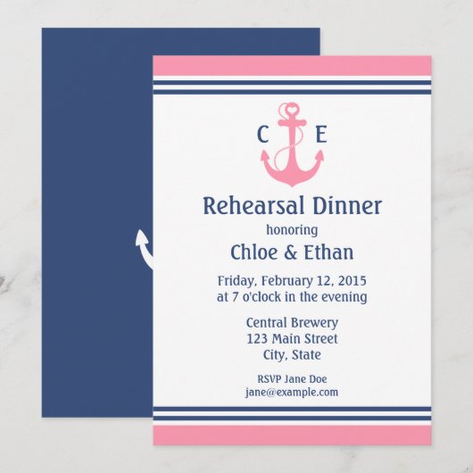 Rosa Nautical Probe Dinner Einladungen (Vorne/Hinten)