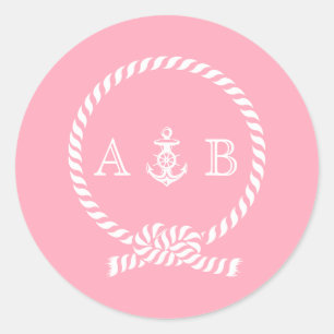 Rosa nautisches Seil und Anker Monogramm Runder Aufkleber