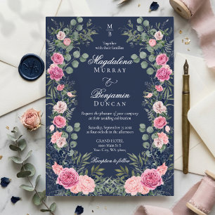 Rosa Navy Blau Florale Eukalyptus-Grün-Hochzeit Folieneinladung