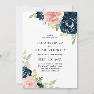 Rosa Navy Blau Florales Alles-in-Einem-Wedding Einladung
