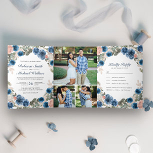 Rosa Navy Blau Florales Foto Collage Hochzeit Dreifach Gefaltete Einladung