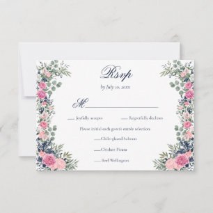 Rosa Navy Blau Florales Grün Hochzeitsessen RSVP Karte