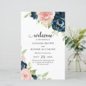 Rosa Navy Blau Florales Modernes Hochzeitsprogramm (Stehend Vorderseite)