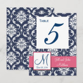 Rosa Navy Blue Damask Hochzeitsstiftung Tischnumme Postkarte (Vorne/Hinten)