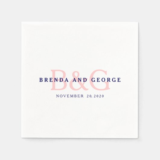 Rosa Navy Blue Monogram Wedding Paper Napkins Serviette (Vorderseite)
