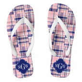 Rosa, Navy Blue Preppy Patchwork Madras Monogram Badesandalen (Fußbett)