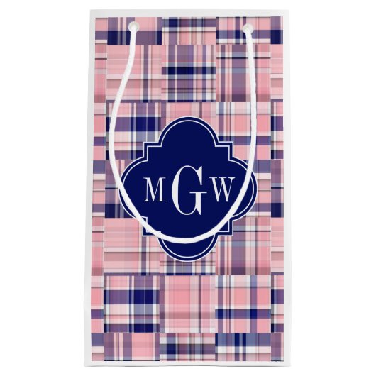 Rosa, Navy Blue Preppy Patchwork Madras Monogram Kleine Geschenktüte (Vorderseite)
