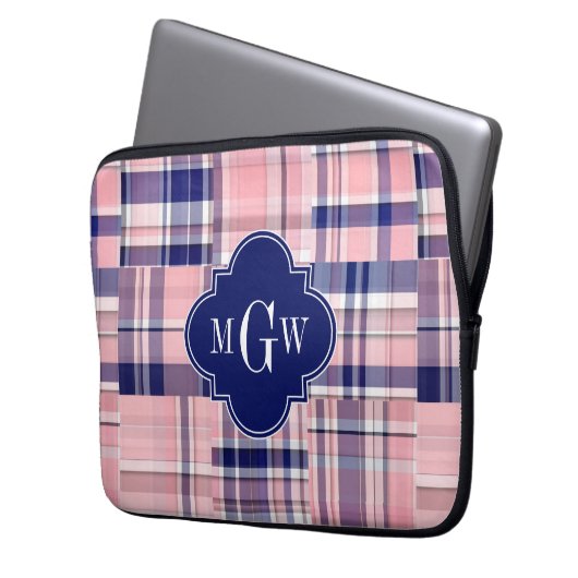 Rosa, Navy Blue Preppy Patchwork Madras Monogram Laptopschutzhülle (Vorderseite Links)