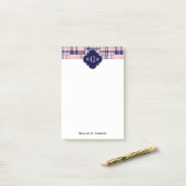 Rosa, Navy Blue Preppy Patchwork Madras Monogram Post-it Klebezettel (Auf Schreibtisch)
