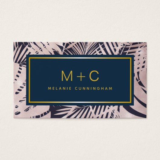 Rosa Navy Blue Tropical Monogram Business Cards (Vorderseite)