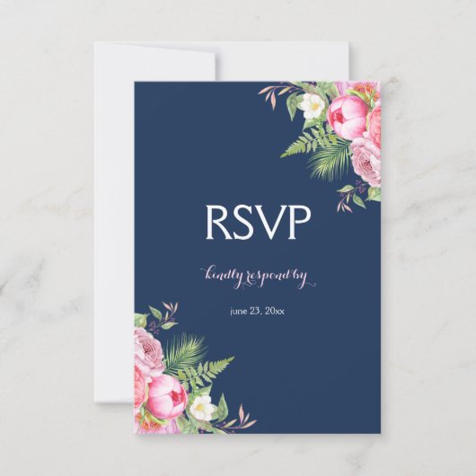 Rosa Navy Blue Watercolor Blume UAWG RSVP Karte (Vorderseite)