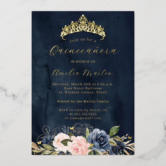 Rosa Navy blühende Blütenschmetterling Quinceanera Folieneinladung (Vorderseite)