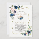 Rosa Navy Blumen Gold Bridal Tee Party Einladung (Vorderseite)