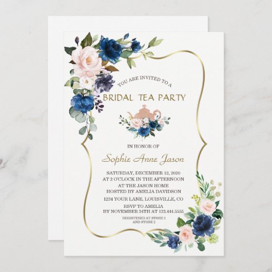 Rosa Navy Blumen Gold Bridal Tee Party Einladung (Vorne/Hinten)