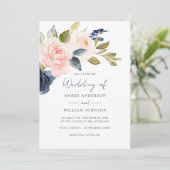 Rosa Navy Blumen Hochzeit   Einladung (Stehend Vorderseite)