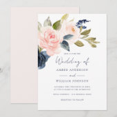 Rosa Navy Blumen Hochzeit   Einladung (Vorne/Hinten)