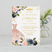 Rosa Navy Blumenkleid Quinceanera Folieneinladung (Stehend vorne)