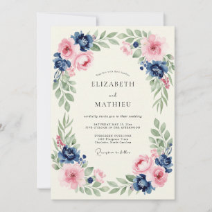 Rosa-Navy-Botanik-Romantik-Hochzeit Einladung