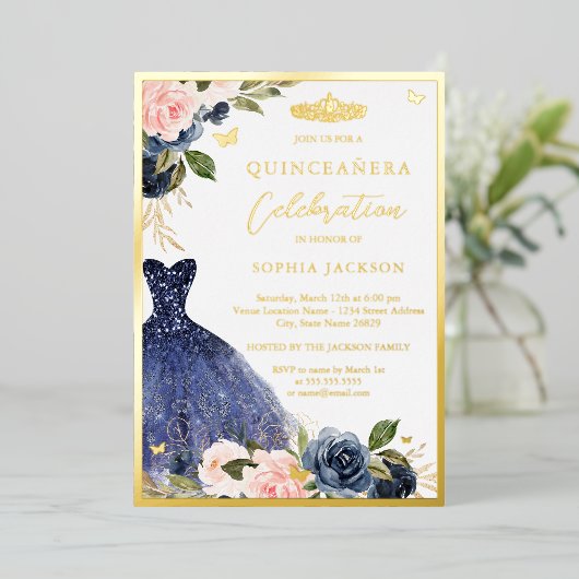 Rosa Navy Floral Tiara Kleid Quinceanera Folieneinladung (Stehend vorne)