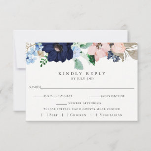 Rosa + Navy Floral Wedding RSVP Meal Choice Card Karte
