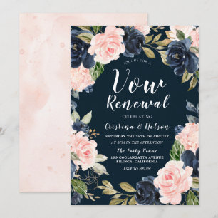 Rosa Navy Floraler Kranz Gelübdeerneuerung Einladung