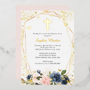Rosa Navy Gold Kreuz Blumen Mädchen Taufe Folieneinladung
