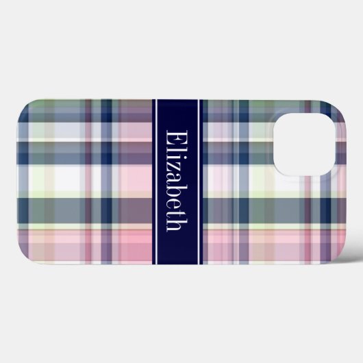 Rosa Navy Green White Preppy Madras N Monogram Case-Mate iPhone Hülle (Rückseite (Horizontal))