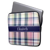 Rosa Navy Green White Preppy Madras N Monogram Laptopschutzhülle (Vorderseite Links)