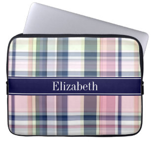 Rosa Navy Green White Preppy Madras N Monogram Laptopschutzhülle
