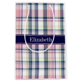 Rosa Navy Green White Preppy Madras N Monogram Mittlere Geschenktüte (Vorderseite)