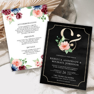 Rosa Navy Schwarz Burgunderrot Florales Et-Zeichen Einladung