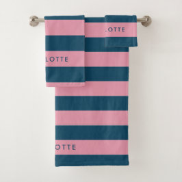 Rosa Navy Strip | Moderner Trendname Preppy Name Badhandtuch Set