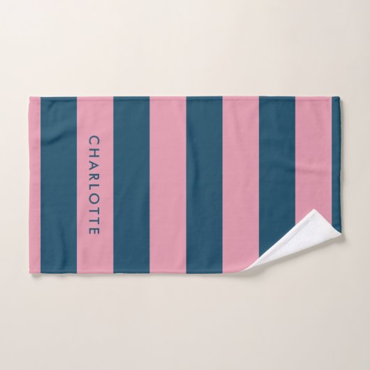 Rosa Navy Strip | Moderner Trendname Preppy Name Badhandtuch Set (Handtuch)