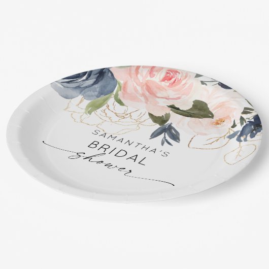 Rosa Navy Wasserfarbenes Brautparty Pappteller (Schrägansicht)