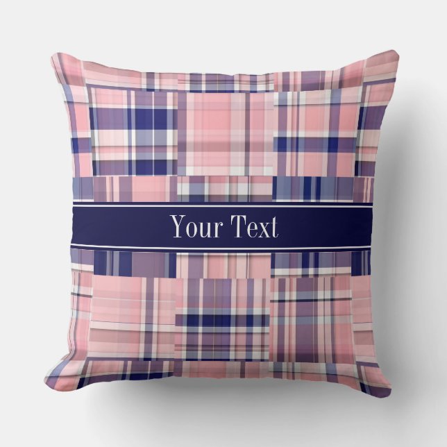 Rosa Navy Weiß Preppy Patchwork Madras N Monogramm Kissen (Vorderseite)