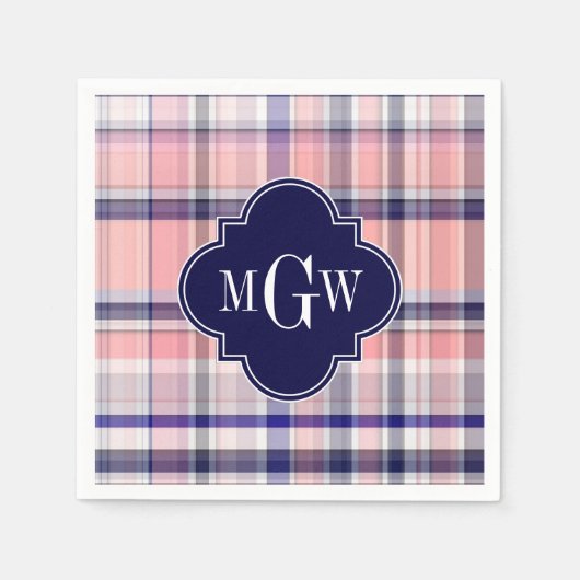Rosa Navy Weiße Preppy Madras Quatrefolie Monogram Serviette (Vorderseite)