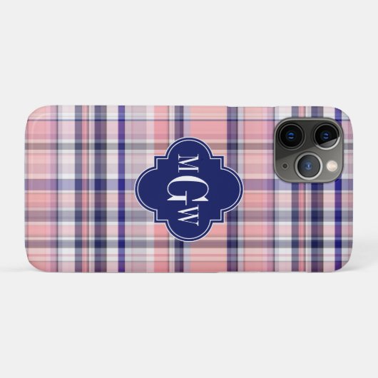 Rosa Navy Weiße Preppy Madras Quatrefolienmonogram Case-Mate iPhone Hülle (Rückseite (Horizontal))