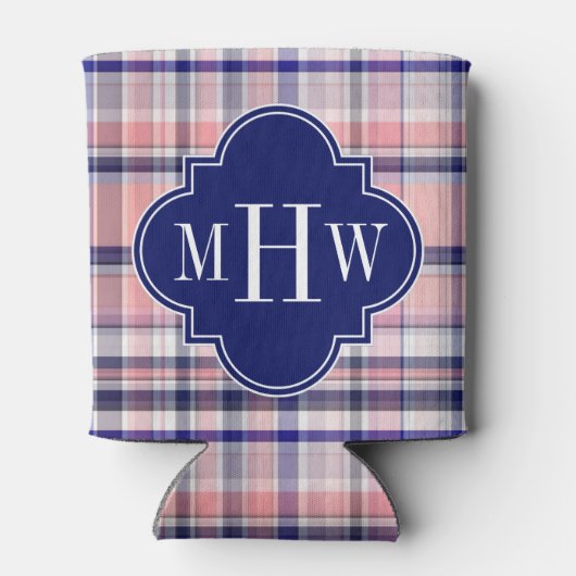 Rosa Navy Weiße Preppy Madras Quatrefolienmonogram Dosenkühler (Rückseite)