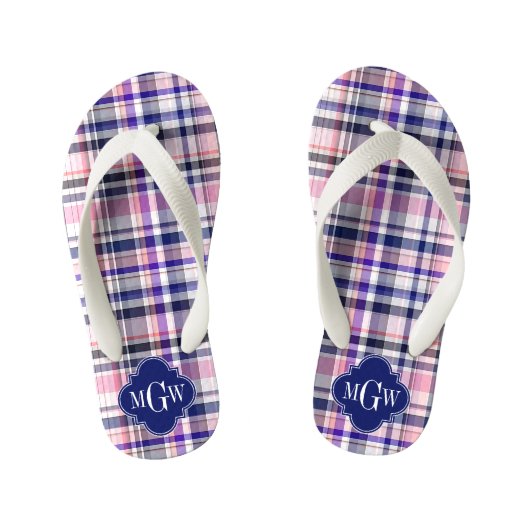 Rosa Navy Weiße Preppy Madras Quatrefolienmonogram Kinderbadesandalen (Fußbett)