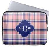 Rosa Navy Weiße Preppy Madras Quatrefolienmonogram Laptopschutzhülle (Vorderseite)