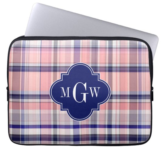 Rosa Navy Weiße Preppy Madras Quatrefolienmonogram Laptopschutzhülle (Vorderseite)