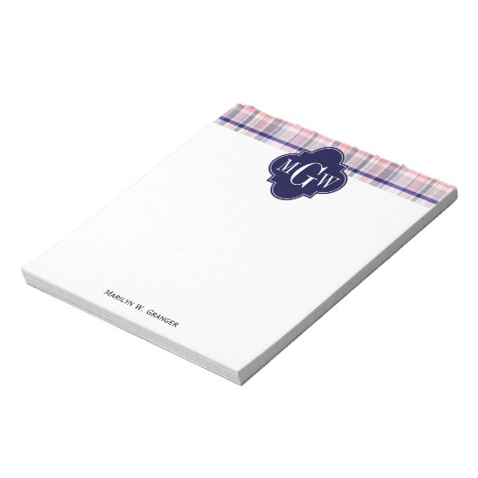 Rosa Navy Weiße Preppy Madras Quatrefolienmonogram Notizblock (Rotiert)