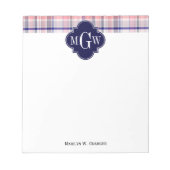 Rosa Navy Weiße Preppy Madras Quatrefolienmonogram Notizblock (Vorderseite)