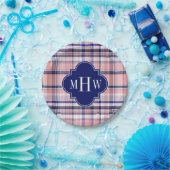 Rosa Navy Weiße Preppy Madras Quatrefolienmonogram Pappteller (Party)